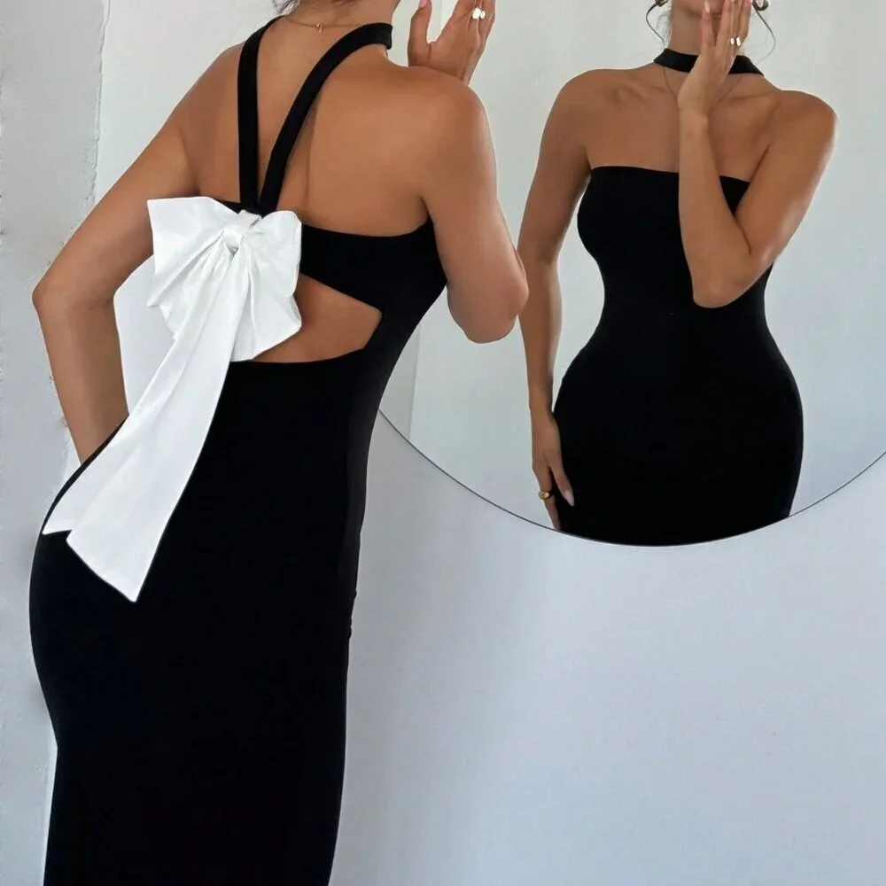Black And White Elegant Women's Romantic Backless Contrast Bow Tie Dress - Picture 1 of 6